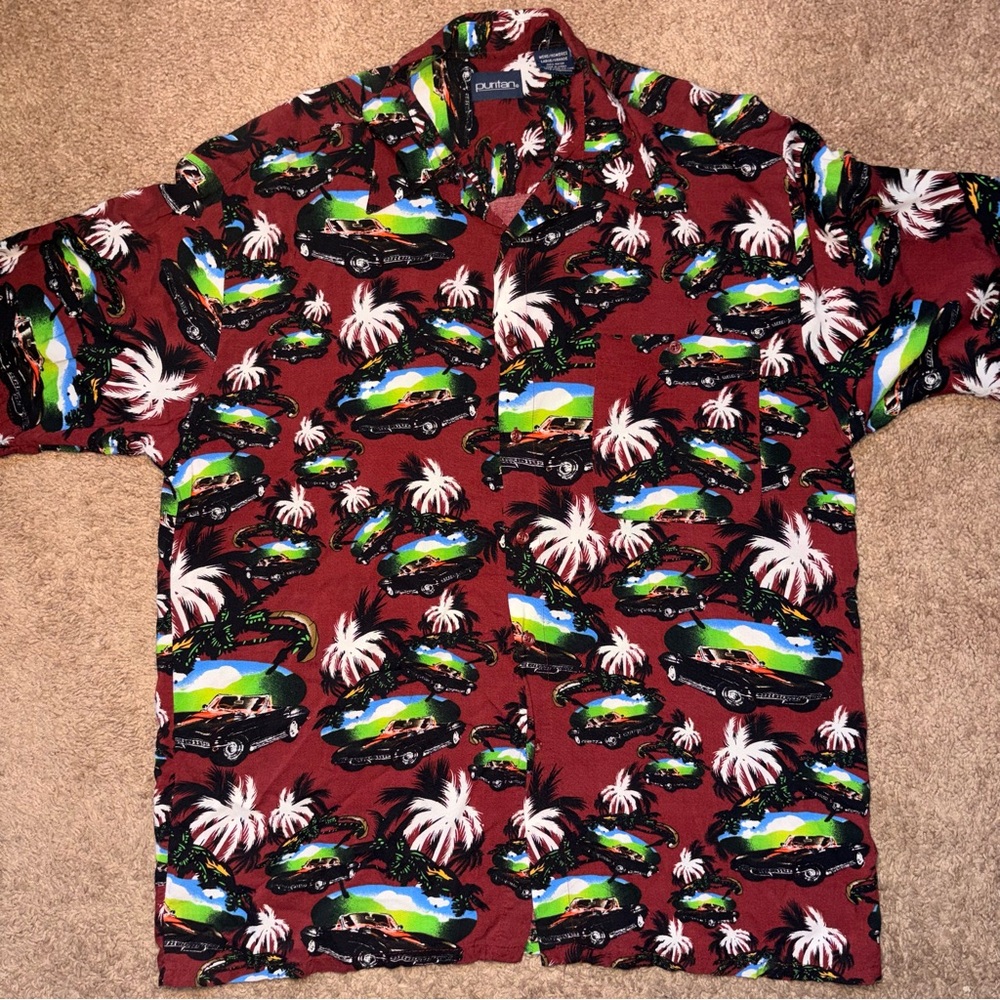 Puritan Hawaiian Shirt Mens Large Red Tropical Cars Palm Tree Button Up